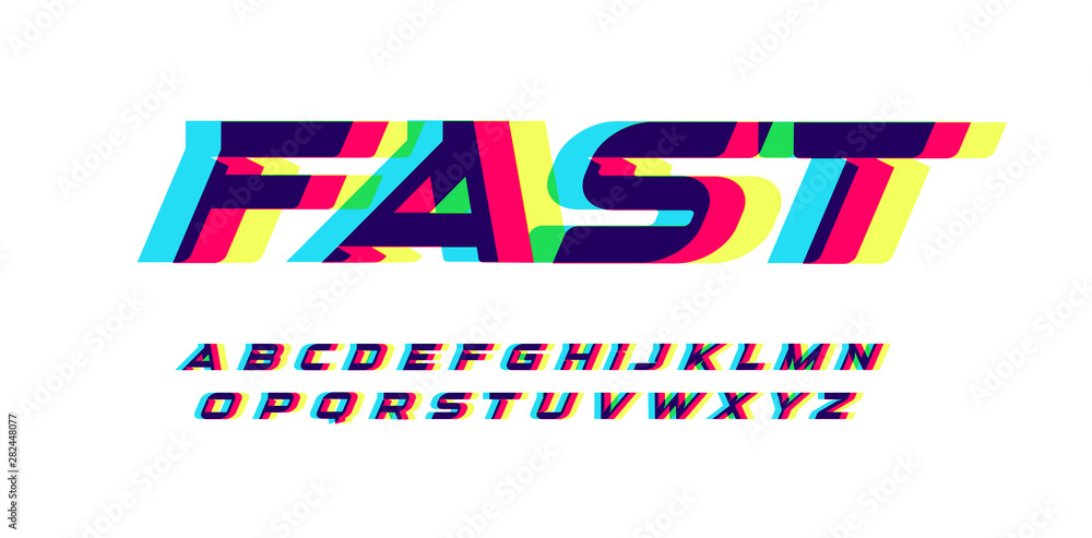 Poster Overprint letters and numbers set. Glowing red blue yellow spectrum effect style vector latin alphabet. Font for cyber sport, racing, automotive, logo and poster design. Typography design.