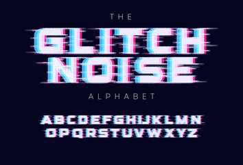 Screen glitches letters set. No signal or bad signal for vector alphabet. Led screen rgb error effect for font. Typography design.