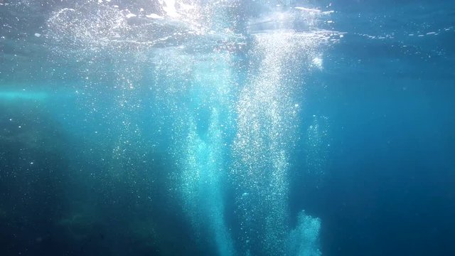Under water air bubbles rising to sea surface, natural scene, Mediterranean, France, 59.94fps