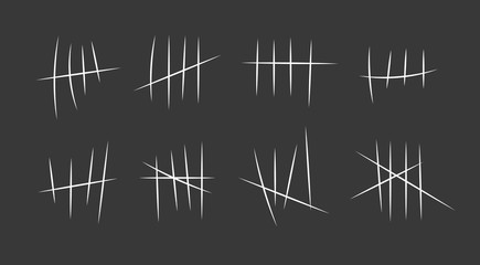 Prison symbols, Jail tally marks. Hand drawn Lines or sticks, strokes sorted by four and crossed out. Vector illustration.