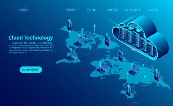 Cloud Computing Concept. Online computing technology. Big data flow processing concept, 3d servers and datacenter. isometric flat design. Vector illustration.