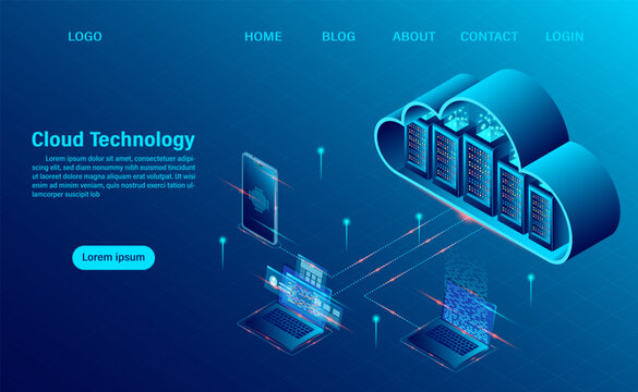 Cloud Computing Concept. Online computing technology. Big data flow processing concept, 3d servers and datacenter. isometric flat design. Vector illustration.