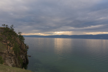 Fototapeta na wymiar Olkhon island, Khuzhir village, June 2019, view of Lake Baikal on a cloudy day