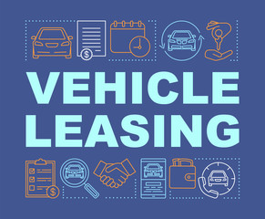 Vehicle leasing word concepts banner. Automobile hire, buying. Car rental. Auto rent, buy, sale. Presentation, website. Isolated lettering typography idea, linear icons. Vector outline illustration