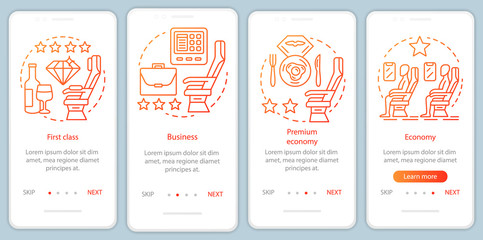Aircraft travel class seating orange onboarding mobile app page screen vector template. Business class. Walkthrough website steps with linear illustrations. UX, UI, GUI smartphone interface concept