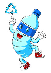 Water Plastic Bottle Cartoon Mascot Character pointing A Recycle Sign