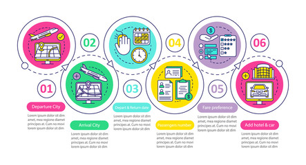 Trip organisation vector infographic template. Business presentation design elements. Data visualization with six steps and options. Process timeline chart. Workflow layout with linear icons