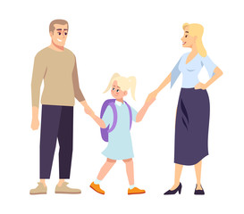 Parents and daughter schoolgirl holding hands flat illustration. First day at school. Young father, mather and blonde preteen schoolkid. Family going to school together isolated cartoon characters