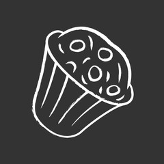 Muffin chalk icon. Cupcake with chocolate chips, berries, topping. Sweet shop, confectionery, pastry, bakery menu. Celebration cupcake. Isolated vector chalkboard illustration