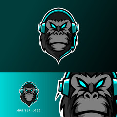 black gorilla ape monkey mascot sport esport logo template with earphone