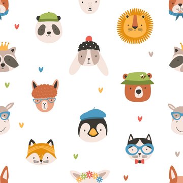 Childish seamless pattern with cute funny faces of adorable animals. Backdrop with happy muzzles on white background. Flat cartoon vector illustration for wrapping paper, textile print, wallpaper.
