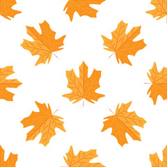 Autumn Set of Orange Maple Leaves on White Background, Vector Version.Seamless maple leaf pattern