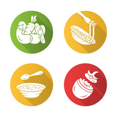 Nutritious food flat design long shadow glyph icons set. Vegetables, pasta, stuffed tomato, soup. Cafe, restaurant snack, appetizer. Healthy nutrition. Salad, spaghetti. Vector silhouette illustration