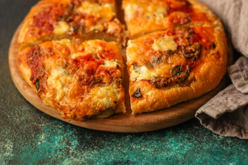 pizza, tomato sauce, cheese (mushrooms, olives, chicken, pizza ingredients). hot pizza. Top view. copy space