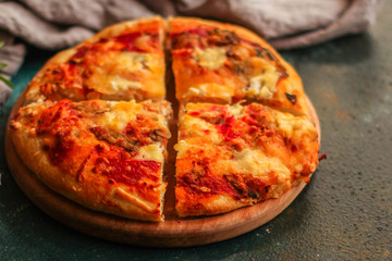pizza, tomato sauce, cheese (mushrooms, olives, chicken, pizza ingredients). hot pizza. Top view. copy space