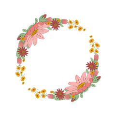  Flower wreath on a white background. Flowers, stems and leaves are made in vintage style. Vector illustration.