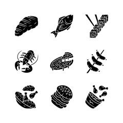 Restaurant menu glyph icons set. Fast food, italian and mediterranean cuisine. Pizza, lobster, steak, burger, sushi, sausages, chicken legs. Silhouette symbols. Vector isolated illustration