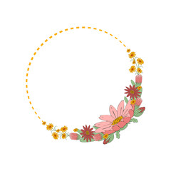  Flower wreath on a white background. Flowers, stems and leaves are made in vintage style. Vector illustration.