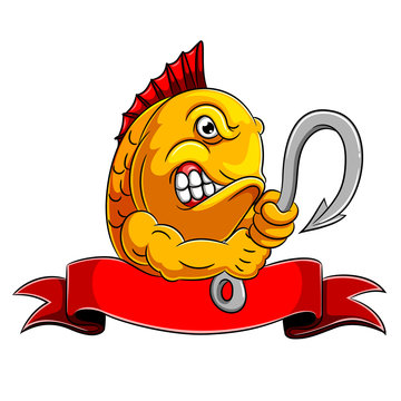 A angry fish holding fish hook