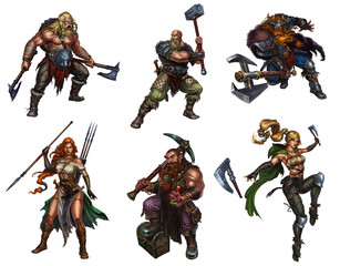 Big set of viking warriors with shields and swords and axes dwarf realistic isolated illustration.