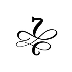 Vector Hand Drawn calligraphic floral number 7 monogram or logo. Hand Lettering numeral Seven with swirls and curl. Wedding Floral Design