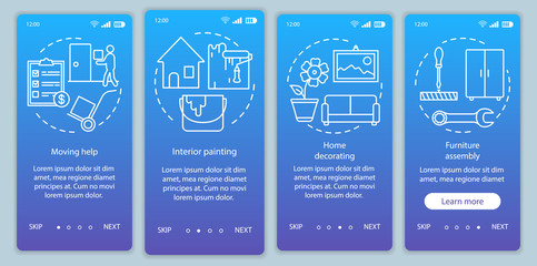 Home services onboarding mobile app page screen vector template. Moving help. Walkthrough website steps with linear illustrations. Interior painting. UX, UI, GUI smartphone interface concept