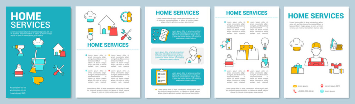Home services brochure template layout. Handyman. Flyer, booklet, leaflet print design with linear illustrations. Apartment cleanup. Vector page layouts for magazine, annual report, advertising poster