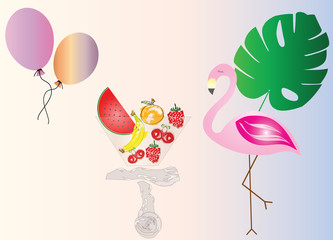 flamingo cartoon with bowl full of fruits, exotic leaf and balloons - summer theme concept vector illustration