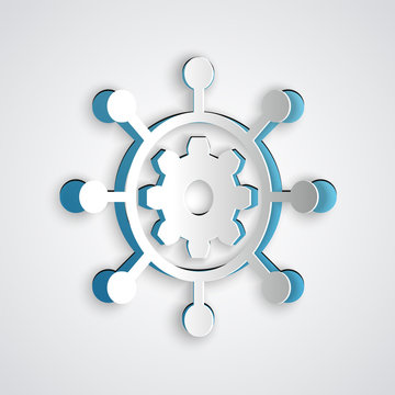 Paper cut Project management icon isolated on grey background. Hub and spokes and gear solid icon. Paper art style. Vector Illustration