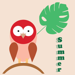 red bird cartoon and exotic tropical leaf - summer theme - pink background