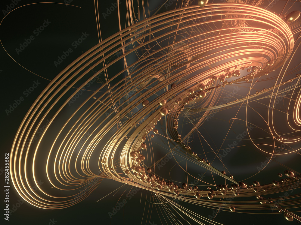 Poster weave luxury gold lines with shiny beads. astract composition. 3d rendering