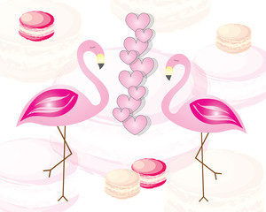 two flamingos in love - Valentines day concept - pink macaroons vector