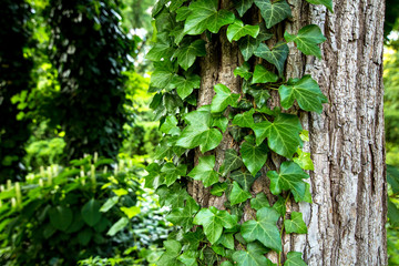 Natural background with evergreen curly ivy leaves along a tree trunk in a park close up with copy space for text.