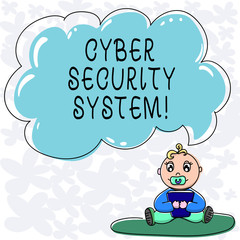 Conceptual hand writing showing Cyber Security System. Business photo text Techniques of protecting computers from hacking Baby Sitting on Rug with Pacifier Book and Cloud Speech Bubble