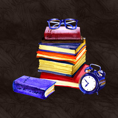 Watercolor illustration. Retro glasses with books and clock. Antique objects.