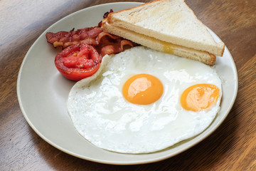 eggs with bacon and bread for breakfast