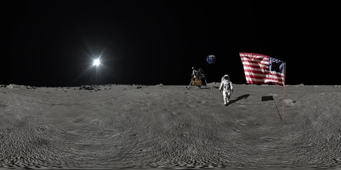 360 vr. Astronaut walking on the moon and saluting the American flag.. CG Animation. Some Elements of this video furnished by NASA.