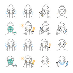 Women's and Men's skin daily care, beauty treatment vector icons set