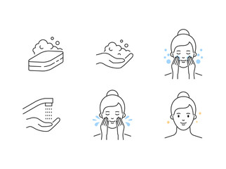 Women's skin care cleansing outline vector icons