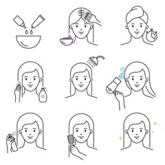 Hair dyeing icons vector illustration outline style