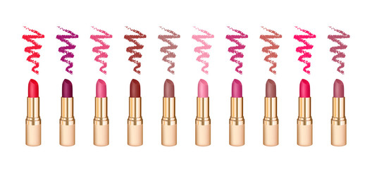 Collection of ten golden lipstick tubes and smears colored in different colors. Vector realistic illustration isolated on white background. Good for advertising banners, promoting of makeup.
