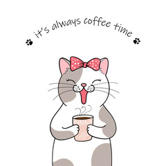 Cute cartoon cat holding a cup of coffee. Hand drawn illustration