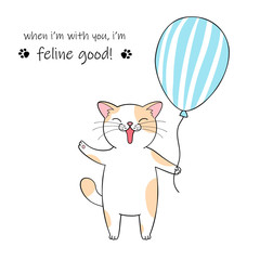 Cute cartoon cat holding a balloon. Hand drawn illustration for birthday greeting card