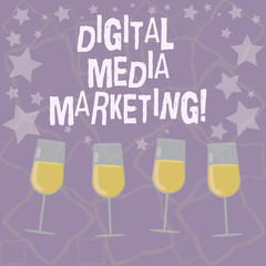 Writing note showing Digital Media Marketing. Business photo showcasing Use of numerous digital tactics and channels Filled Cocktail Wine Glasses with Scattered Stars as Confetti Stemware