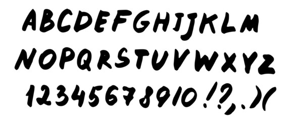 Hand drawn black font. Sketched letters and numbers. Doodle signs