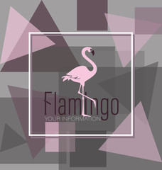Flamingo logo. Patchwork background of geometric shapes. Pink flamingo and graphic background, creative poster, invitation, flyer or card. Modern cover page in vector.