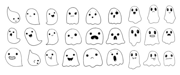 Big collection of simple flat ghosts on white background. Halloween scary ghostly monsters. Cute cartoon spooky character. 