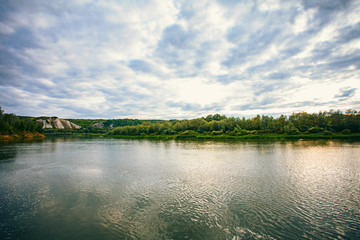 Forest lake summer landscape. Summer forest lake panorama