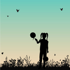 vector, isolated, on a background of nature, silhouette of a girl with balls
