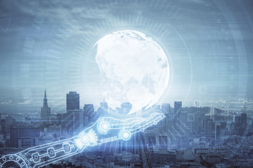 Map and data theme hologram on city view with skyscrapers background double exposure. International technology in business concept.